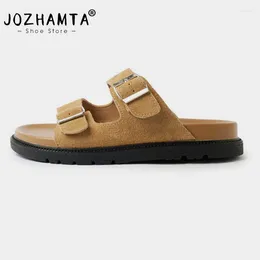 Sandals JOZHAMTA Size 35-40 Women Flats Slides Slippers Real Leather Low Heels Summer Shoes 2024 Ins Fashion Casual Beach Daily Dress