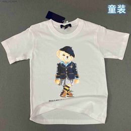T-shirts New RL casual pure cotton denim set from and South little bear boy T-shirt girl T-shirt childrens round neck beret T240416