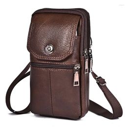 Waist Bags Men Leather Bag Large Capacity Belt Brown Shoulder Crossbody Multi-layer Buckle Mobile Phone Bum Pouch