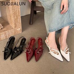 Sandals SUOJIALUN 2024 Spring New Womens Sandals Fashion Narrow Band Shallow Smooth Elastic Back Shoes Thin High Heels Sandals J240416