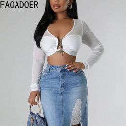 Women's T Shirts FAGADOER Fashion Streetwear Women Mesh Perspective V Neck Long Sleeve Slim Crop Tops Sexy Female Solid Hollow Ruched