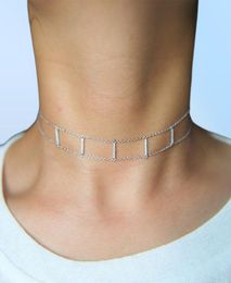 925 sterling silver double chain choker micro pave cz bar choker fashion delicate chain women ladies gift silver choker necklace1206730