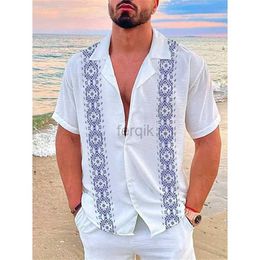 Men's Casual Shirts Fashion new mens shirt Hawaiian geometric print Cuba collar white short sleeve plus size high quality coat 24416