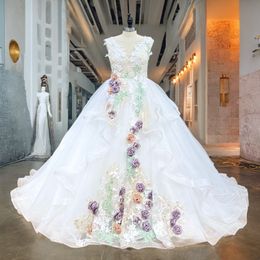 Hire Lnyer Colourful Appliques Man Hand Flowers Princess Ball Gown Wedding Dresses With Ruffles Skirt Real Office Photos Video