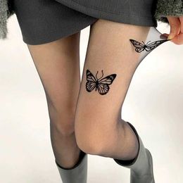 Sexy Socks Sexy Butterfly Tights Vintage Y2K Girls Fake Tattoo Butterfly Transparent Silk Pantyhose Women Lolita Summer Ultra-thin Stocking 240416