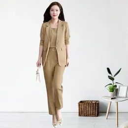 Women's Two Piece Pants Slim Fit Formal Suit Elegant Business Set With Vest Coat Lapel Cardigan High Waist Pockets For Commute