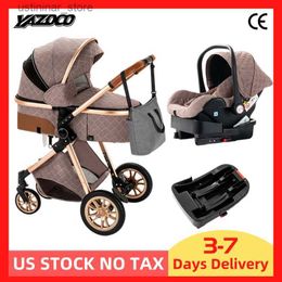 Strollers# 3 in 1 Baby Stroller Royal Luxury Leather Aluminium Frame High Landscape Folding Kinderwagen Pram with Gifts Baby Carriage L416
