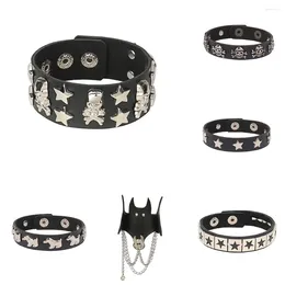 Link Bracelets Gothic 90s Punk Star Goth Bat Skeleton Wrap Bracelet Women Men Skull Black PU Leather Bangles Halloween Jewellery