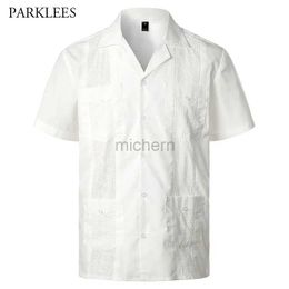 Men's Casual Shirts Embroidery Floral Patchwork for Men Multi-Pocket Mens Short Sleeve Shirt Cuban Camp Guayabera Ethnic Clothing 240417