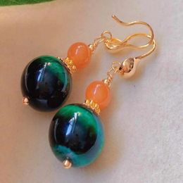 Dangle Earrings Fashion Green Round Banded Agate Yellow Beeswax Gold Beaded Handmade Casual Modern Wedding Art Custom