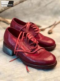 Dress Shoes Handmade Mens Low Cut Round Toe Block Heels Lace Up Horsehide Genuine Leather Formal Vintage Business Work