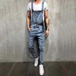 Men's Jeans Men Stylish Slim Biker Bib Overalls Jumpsuits Man Streetwear Casual Stretch Ripped Dungarees Male Strap