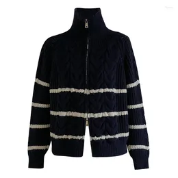 Women's Knits Soft Glutinous Stripe Turtleneck Double Zipper Sweater Outerwear 2024 Spring Women Clothes Lazy Twist Woollen Tide