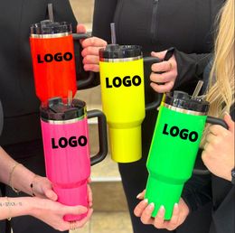 Electric Pink 40Oz Tumbler Yellow Orange Neon Green QUENCHER H2.0 Stainless Steel Tumblers Cups With Silicone Handle Lid Straw Winter Pink Neon Pink Car Mugs G0416