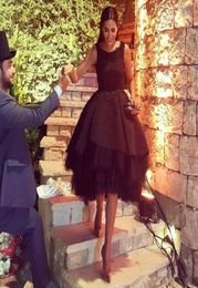 Elegant Knee Length Little Black Prom Dresses Sequins Appliques Evening Dress Ruffle Aline Formal Party Cocktail Gowns4916199