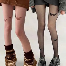 Sexy Socks Sexy Butterfly Tights Vintage Y2K Fake Tattoo Butterfly Black Transparent Silk Pantyhose Women Lolita Summer Ultra-thin Stocking 240416