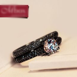 Vintage Female Crystal Round Wedding Ring Set Fashion Black Gold Bridal Engagement Ring Promise Zircon Stone Rings For Women274m