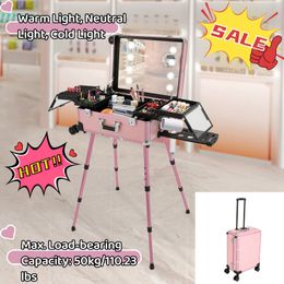 12V Cosmetic Travel Case W 8 Led Light Mirror Vanity Organizer Rolling Makeup Train 240416