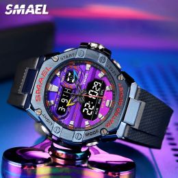 Watches Smael Dual Time Display Watch Men Waterproof Electronic Digital Quartz Wristwatch with Purple Dial Chronograph Date Alarm 8066