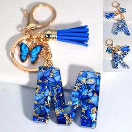 Keychains Fancy Blue Glazed Stone A-Z Letter Keychain Resin 26 Initials Butterfly Tassel Pendant For Women Men Bag Ornament Party Gift