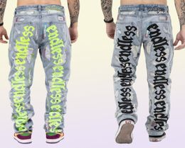 Firmranch Back Letter Embroidery Jeans For Men Ins Street Broken Hole Homme Loose Endless Denim Pants Moto Trouse1221874