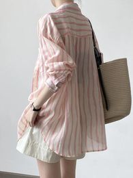 Women's Blouses Pink Striped Shirt For Women 2024 Spring Fashion Long Sleeve Chic Tops Elegant Turn Down Collar Button Single Breasted