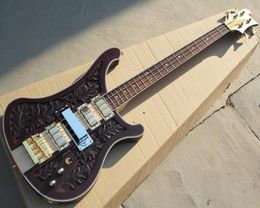 4 Strings Matte Redbrown Electric Bass Guitar with Carved Pattern4 PickupsNeck Throught Body9417312