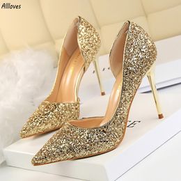 Glittering Sequined Bridal Shoes Woman Pumps Gold Silver Black Glitter Wedding Shoes Pointed Toe Stiletto Ladies Fashion Women Heels Formal Occasion Shiny AL9757