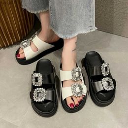 Slippers Stylish Simple Rhinestone Double Buckle Non-slip Flat Boken Slippers Women Thick Slippers for Outside Beach ST1022-1L2404