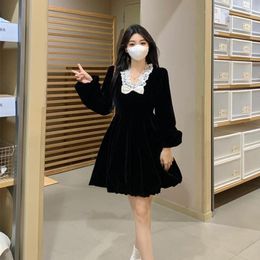 Casual Dresses Women Autumn Winter Velvet Mini Dress Bow Tie Long Sleeve Female Elegant Large Size S-4XL Black Party Vestidos