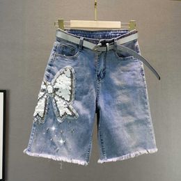 2024 Summer Versatile Slim Fit High Waist Slimming Nail Bead Sequin Denim Shorts Womens Thin Quarter Pants
