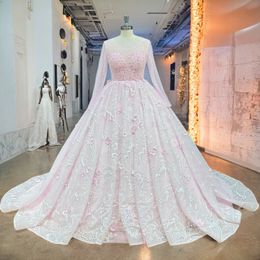 Hire Lnyer Full Beads Crystal Body 3D Flowers Long Sleeve Pink Ball Gown Wedding Dresses Real Office Photos Video