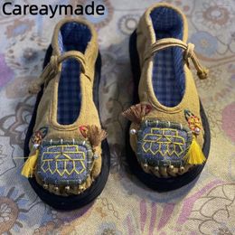 Casual Shoes Careaymade- Embroider Flats Women Cotton Fabric Mixed Colors Buckle Strap Round Toe Retro Handmade Ladies