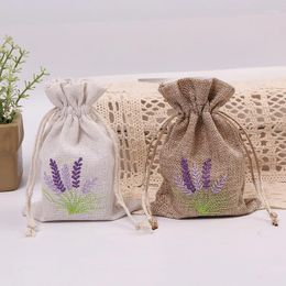 Shopping Bags 10pcs Drawstring Lavender Canvas National Embroidery Gift Bag