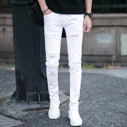 Korean Style Luxury Slim Fit Jeans for Men Arrival High Street Fashion Ripped Denim Casual Classic White Trousers for Men 240403