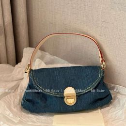 Vintage Blue Washed Denim Club Underarm Bag with Colour Changing Leather Buckle Shoulder