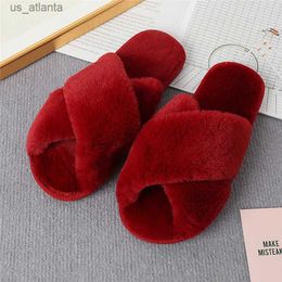 Slippers Womens fuzzy slider cross strap with soft plush comfortable home shoes fur open toe indoor and outdoor warmth anti slip casual womens H240416 J0L8