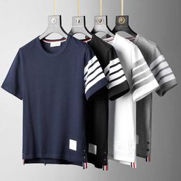 Colour woven four stripes trendy brand half sleeved pure cotton summer round neck short sleeved T-shirt for mens casual and versatile trend