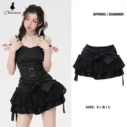 Skirts Black Bow High Waisted Fluffy Skirt Women's Cake Hole Lace Irregular Hem Shorts Prevent Awkwardness Korean Fashion Punk