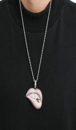 Mens Women Iced Out 14k Zircon Lips Pink Pendant Necklace Micro Pave Bling Flashy Charm hiphop jewelry Whos6355519