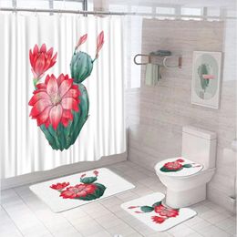 Shower Curtains Tropical Plant Pink Floral Succulents Curtain Set Cactus Flower Bathroom Screen With Bath Mat Toilet Lid Cover Carpet Rug