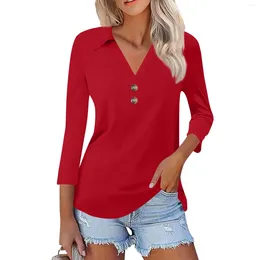Women's T Shirts Summer Fashion Casual Solid Colour Printed V-Neck Seven-Point Sleeve Button Down Collar Shirt Top Women Blouse