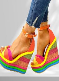 Sandals Elegant INS Rainbow Colourful 2022 Summer Wedges Party Platform Extreme High Heels Shoes Woman Plus Size 433813082