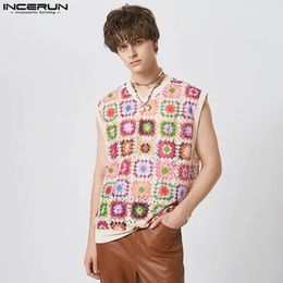 INCERUN Men Tank Tops Lace V Neck Sleeveless Printing See Through Summer Sexy Vests Streetwear Vacation Casual Men Clothing 240410