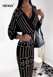 Sexy Elegent Bodycon Party Dresses V Neck Long Sleeve Midi Dress Women Vintage Print Slim Fit Vestidos Casual 2021 Spring Autumn6054162