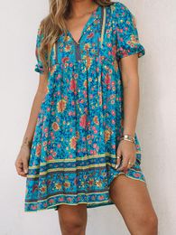 Casual Dresses 2024 Summer Ethnic Style Short Skirt For Women European And American Leisure Versatile Floral Pullover V-neck Knee-Length