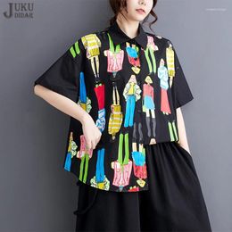 Women's Blouses 2024 Summer Woman Casual Black Shirt Korean Style Loose Fit Chic Oversized Girls Print Fashion Large Blusas JJXS093