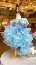 blue Little Kids Flower Girl Dresses 2024 Birthday prom Party Dresses Sheer Neck Appliqued Lace Tiered multilayer girl pageant Dress Princess Queen Marriage Gowns