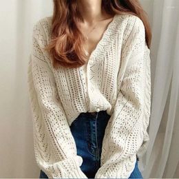 Women's Knits 2024 Autumn Retro Hollow Out V-Neck Pearl Buttons Women Female Woollen Knitted Cardigan Sweater