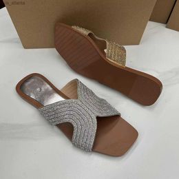 Slippers Luxury Crystal for Women Summer Shoes Fashion Casual Comfortable Bling Designer Chinelos Square Toe Flat Heel Slides H240416 9GQ5